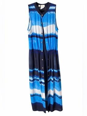 Michael KORS Sleeveless Blue Striped Maxi Dress - Modern Tie-Dye Stripe